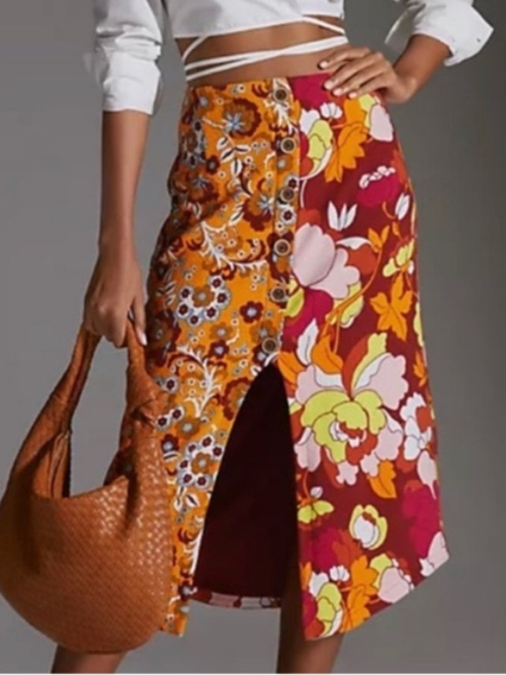 Anthropologie Maeve Floral Patchwork Midi Skirt in Marigold & Berry